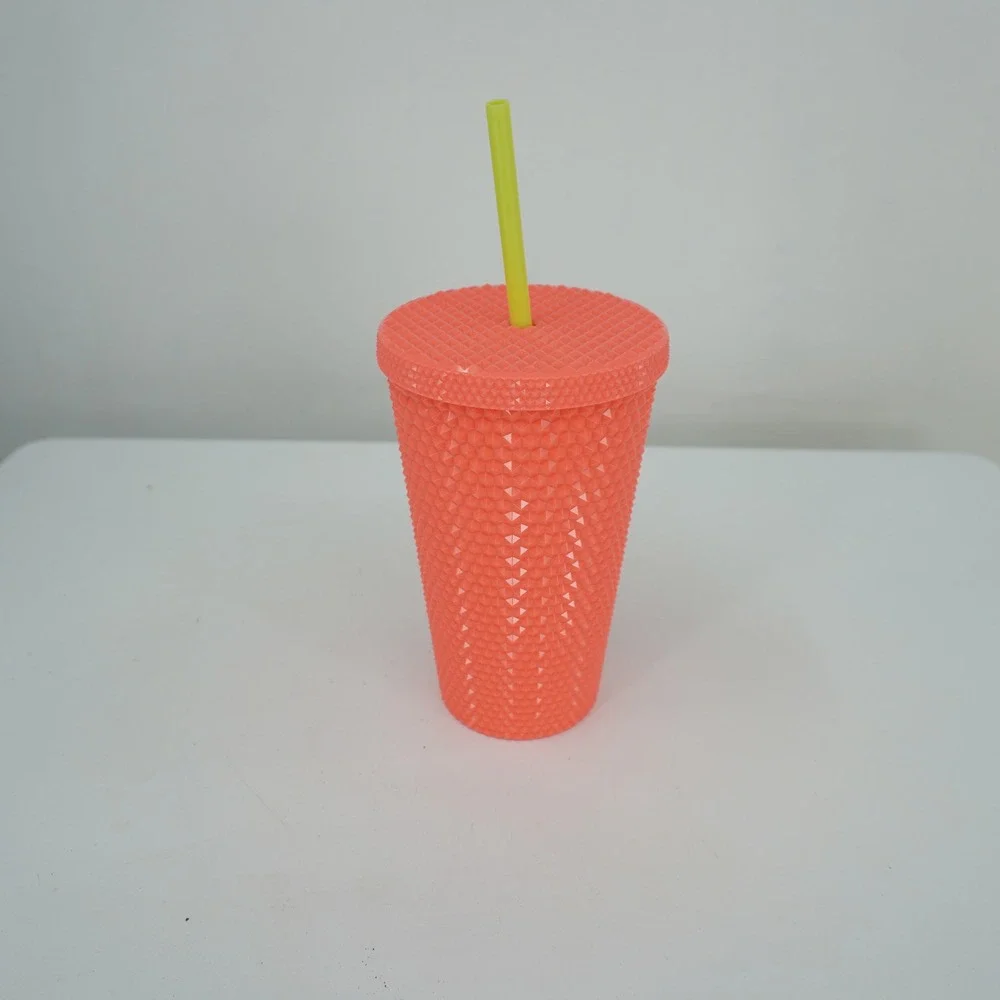 Starbucks Neon Coral Studded Tumbler 16oz Cold Cup Guava Pink with Green Straw‎
